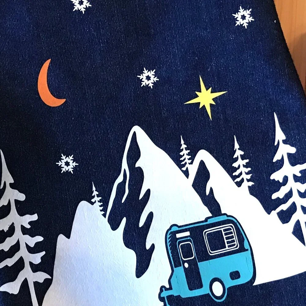 Recycled Denim Christmas Stocking, Mountains Cabin Decor Camping Fishing M-L